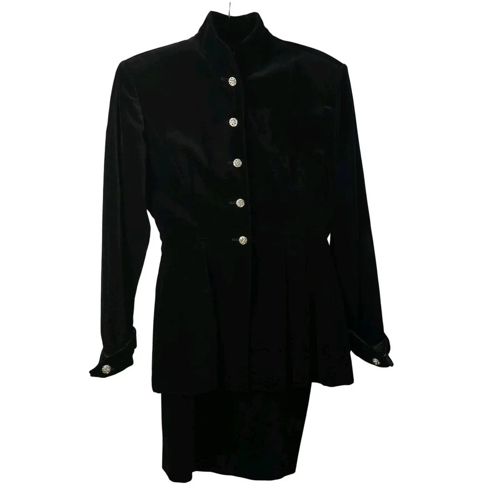 Vtg Henri Bendel‎ Black Velvet Skirt Suit Womens 10 Rhinestone Buttons Italy